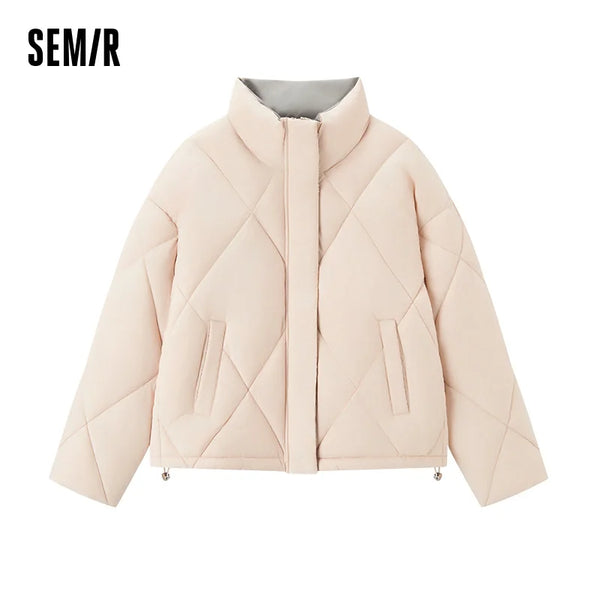 Cotton Padded Jacket Women Diamond Quilted Stand Collar Loose Fit Winter Elegant Casual Outerwear