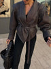Woman Vintage Brown Lace Up Pu Leather Jacket Slim Fit Lapel Collar Long Sleeved Short Coats Fall Lady Chic Outfits
