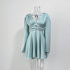 Elegant Party Satin Flare Long Sleeve Dress Women's Sexy Deep V Neck Solid Color Higt Waist Dresses Autumn short skirts