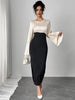 Women Maxi Dress Bell Sleeve Color Block Satin Bodycon Casual Dresses Elegant Spring Sexy Evening Wedding Guest Party Date Dress