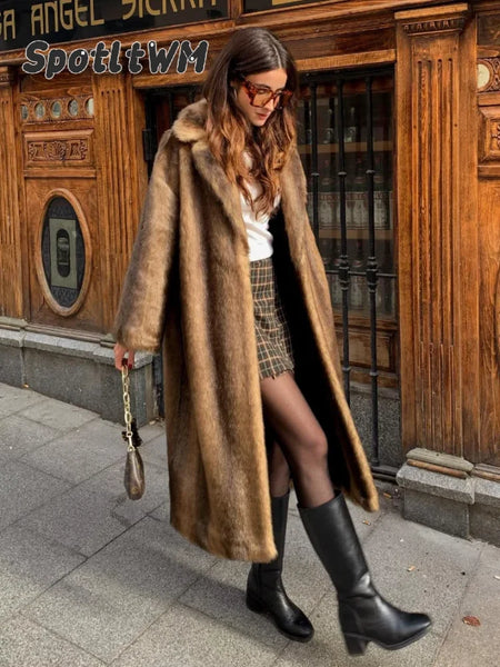 Vintage Solid Women Faux Fur Long Coat Full Sleeve Cardigan Warm Fluffy Plush Overcoat Winter Lady Street Outerwear