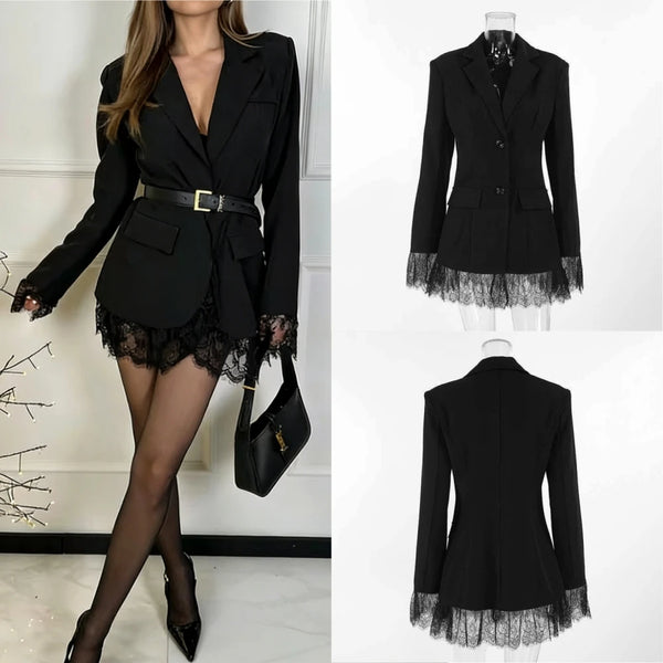 Women Elegant Lace Hem Black Suit Coat V-neck Single Breasted Slim Fit Blazer Spring Office Lady Blazer Outwear