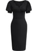 Women Elegant Cutout V-Neck Puff Sleeve Vintage Slim Work Office Cocktail Party Business Sheath Bodycon Pencil Dress