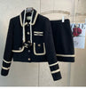 S-2XL Women Tweed Jacquard Black Suit Jacket Coat Top And Mini A Line Skirt Two Piece Set Elegant Outfit Winter Party Cloth