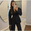 Elegant V-neck Blazers Coat Pants Set Women Solid Single Button Suit Coats Straight Long Trousers Spring Office Lady Outfit