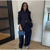 Chic Solid Stand Neck Blazer Jacket Pant Set Women Full Sleeve Shoulder Pads Coat Wide Leg Pants Autumn Commute Outfit