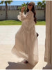 Casual Solid Ruffles Patchwork Robe Women Minimalist Full Sleeve Mesh Loose Fit Lace Up Maxi Dress Vacation Daily Date Wear