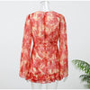 Sexy Floral Printed Mini Dress Women V-neck Flared Sleeve Waist Cinching Ruffle Bodycon Vestido Lady Party Vacation Gowns
