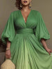 Women Gradient Evening Maxi Dress Deep V-Neck Puff Sleeve Bodycon Ruched Waist Flowy Slit Elegant Occasion Gown Party Dresses