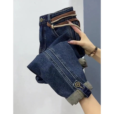 High Waist Harlan Jeans Women's Spring Autumn Large Size Embroidery Loose Ankle Length Jeans Denim Pants 5XL
