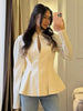 Elegant Solid Slim Short Jacket Women Chic Stand Collar Double Buttons Waist Cinching Pleated A-line Coat Lady Spring Daily Wear