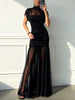 Elegant Sheer Maxi Dress Women High Neck Cap Sleeve Ruched Bodycon Mini Skirt Overlay Tulle Floor Length Evening Party Dress