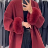 Women Grey Fur Splicing Woolen Coat Casual Belt Full Sleeve Lapel Loose Cardigan Outwear Lady Winter Highstreet Jacket