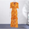 Elegant Ruffle Women's Long Dresses V Neck Half Sleeve Button Waist Cinching Pleated Dress Spring Lady Party Robes