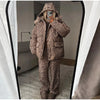 Leopard Print Women's Winter Down Jacket Pant Set Hooded Full Sleeve Zipper Jacket Elastic Waist Pants Warm Padded Coat Set