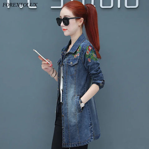 Flowers Embroidery Denim Jacket Loose Casual Letter Jeans Overcoat Button Pocket Outwear Female Clothing Fall Women