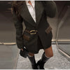 Blazer With Metal Buckle Belt High Waist Pleated Women Mini Skirt Lapel Contrast Pocket Herringbone 2 Piece Suit Vintage Pattern