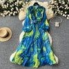 Retro Elegant Autumn Edible Tree Fungus Patchwork Long Sleeves Print Chiffon Dress A-line French Vintage Vacation Women Dresses