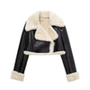 Women Faux Leather Thicken Short Jacket Vintage Front Zipper Lapel Long Sleeve Coat Winter Women Warm Casual Outerwear
