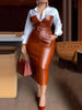 Womens Dresses Shirt PU Skirt Autumn Buttons Long Sleeve Patchwork Pocket Skinny Belted Lapel Female Midi Dress