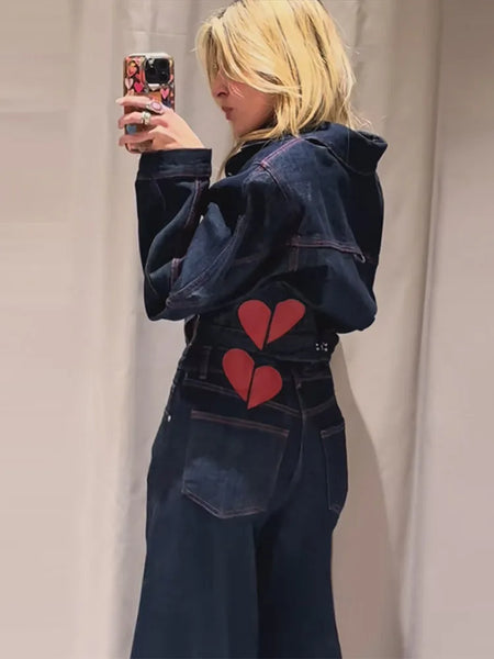 Heart Print Contrast Women Denim Two Piece Set Lapel Waist Cinched Cropped Jacket Wide Leg Jeans Outfit Woman Matching Set