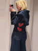 Heart Print Contrast Women Denim Two Piece Set Lapel Waist Cinched Cropped Jacket Wide Leg Jeans Outfit Woman Matching Set