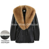 Brand Design Black Long Faux Leather Coat Women Detachable Fur Collar Oversized PU Leather Jacket Blazer