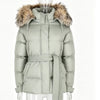 Women Hooded Puffer Coat Faux Fur Trim Self Tie Belt Waist Long Sleeve Warm Padded Jacket Winter All-match Commute Coats