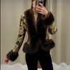 Women Vintage Floral Jacquard Faux Fur Trim Jacket V Neck Single Button Furry Cuff Cropped Coats Vintage Winter Warm Party Coat