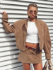 Women Faux Suede Two Piece Set Stand Collar Covered Button Long Sleeve Cropped Jacket High Waist Mini Skirt Vintage Casual Suits