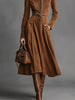 Women Autumn Winter Elegant Vintage Faux Suede Maxi Dress Zip‑Up Waist Tie Belt Cinched‑Waist Long Dress