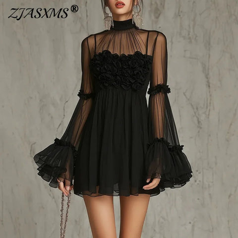 Women Solid Mesh Mini Dress High Neck Sheer Flare Long Sleeve 3D Floral Bust Ruffle Hem Spring Elegant Sexy Prom Banquet Dresses