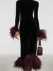 Elegant Feather Splicing Slim Long Dress Women's Casual Temperament Velvet Dresses Stand Collar Solid Color Gowns Dress
