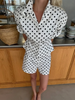 Polka Dot Print Shorts 2 Piece Sets For Women Long Sleeve Patchwork Contrast Jacket Coat And Casual Commute Shorts Suits