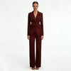 Women's Waist-Cinched Blazer 2-Piece Set (Brown/White/Black/Navy/Burgundy) Elegant Formal Office Wide-Leg Pants Outfit