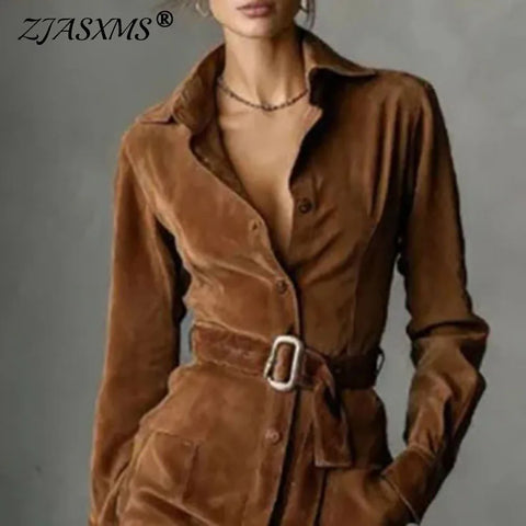 Autumn Sexy Solid Suede Vintage Dresses Woman Elegant Polo Collar Single Breasted Shirt Dress Lady Long Sleeve Pocket Mini Dress