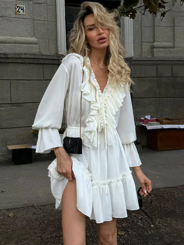 Ruffled V-Neck White Mini Dress Female Patchwork Long Sleeve Elegant Bandage Dress High Waist Lace-Up Women Dress