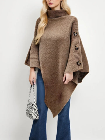 Autumn Winter Turtleneck Loose Women Pullover Shawl Cape Solid Color Knitted Long Tops Casual Sweater with Buttons