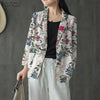 Women Cotton Blazer Vintage Lapel Neck Long Sleeve Thin Coats Autumn Elegant Work Suit Retro Floral Printed Loose Outwear