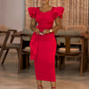 Women Short Ruffles Sleeve O-neck Ribbon Bodycon Midi Dress Street Africa OL Evening Sexy Party Dresses Vestido
