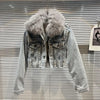 Real Fur Denim Jacket Women Autumn Fried Street Style Natural Fox Fur Collar + Rabbit Fur Liner Warm Rivet Short Jean Coat