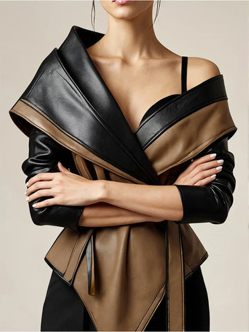 PU Faux Leather Jacket for Women's One Shoulder Splice Irregular Hem Long Sleeve Leather Coat Casual Vintage Y2K Outerwear