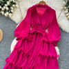 High End Party Ruffles Runway Dresses Women Lantern Sleeve Lace-up Loose Stretch Celebrity Beautiful Long Dress