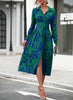 Elegant Random Print Button Down Shirt Dress Women's Long Sleeve Belted Waist Midi Dress Spring Fall Office Casual Dress