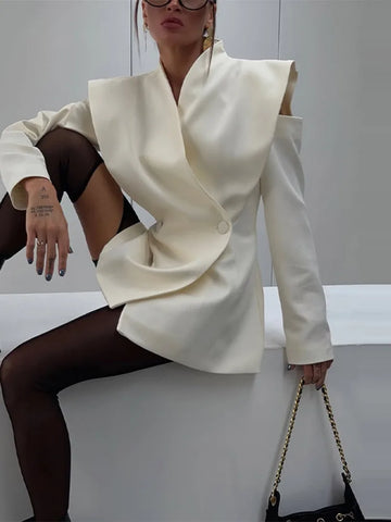 Avant-Garde Solid Jacket Women Cutout Shoulders V-neck Full Sleeve Blazer Spring Autumn Female Events Street Style