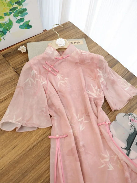 Chinese Style Pink Bamboo Jacquard Qipao Party Dress for Women Elegant Mandarin Collar Maxi Dress with Tassel Decor