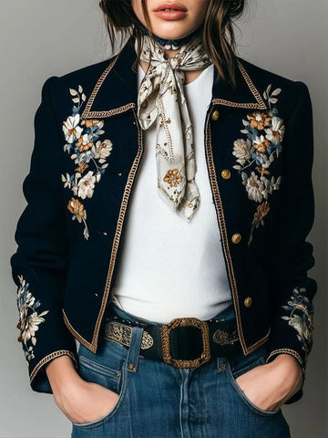 Turn Down Collar Jacket for Women'a Fall Winter Single Breasted American Retro Floral Printed Casual Vintage Short Coat