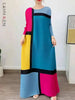 Round Neck Pleated Dress For Women Color Block Long Sleeves Loose A-line Dresses Printed Female Clothing Tide 2YA946