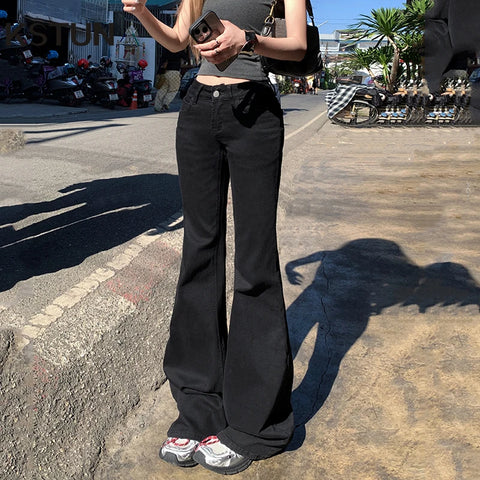 Low Waist Boot Cut Jeans For Women Stretch Denim Flared Pants Black Casual Female Bell Bottom Trousers
