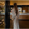 Retro Elegant Satin Polka Dots V Neck Maxi Dress Suit Women Ribbon Lace Full Sleeve Puff Sleeve Waist Cinched Long Dresses